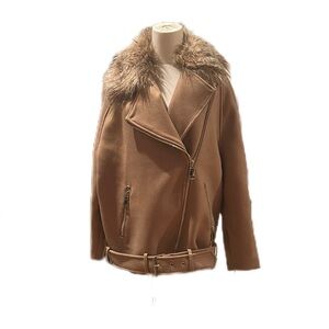 H&M Wool Blend Moto Style Faux Fur Collar Zip Closure Pockets Removable Belt 14